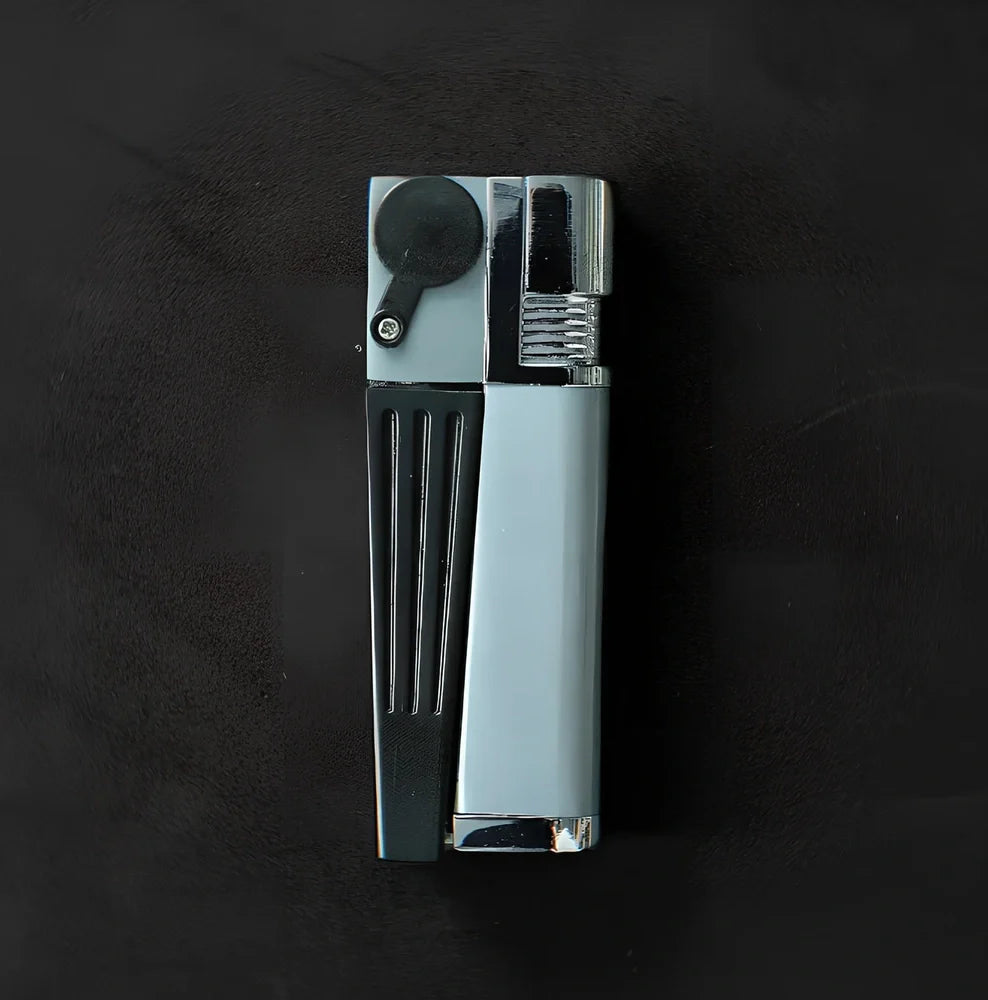 Portable foldable mini pipe with metal cap lighter showing 8cm folded size and wind-resistant function