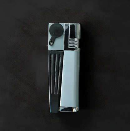 Portable foldable mini pipe with metal cap lighter showing 8cm folded size and wind-resistant function