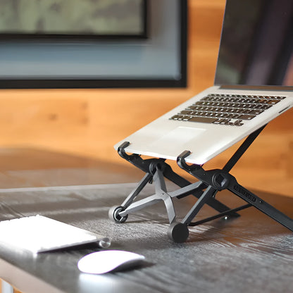 Sagacious black foldable laptop stand with lifting function, enhanced nylon construction, 35.4cm width