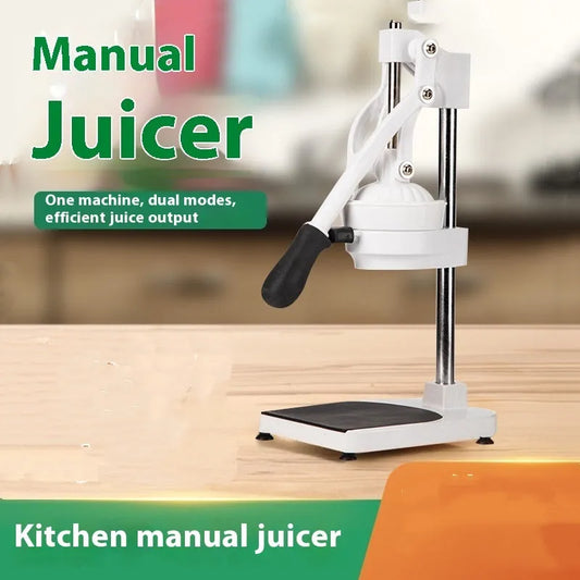 Manual orange juice juicer with stainless steel construction showing 480cm height and disassembled components