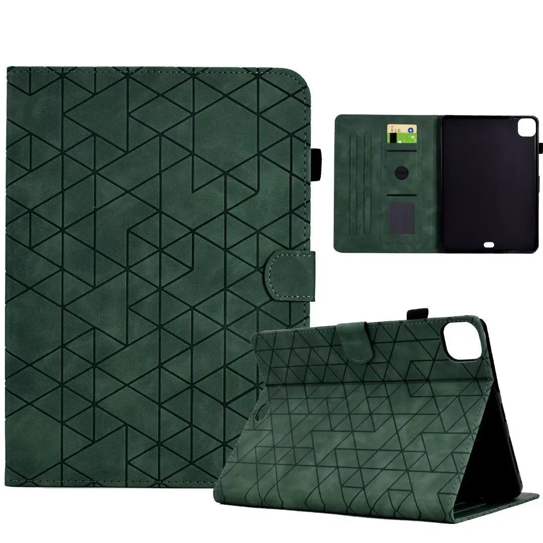 Diamond frosted leather iPad Pro 11 case with built-in card holder slots shown open.