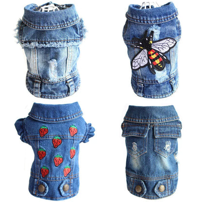 Stylish denim dog jacket with customizable options like hoods, fringes, and patterns for fashionable pet wear