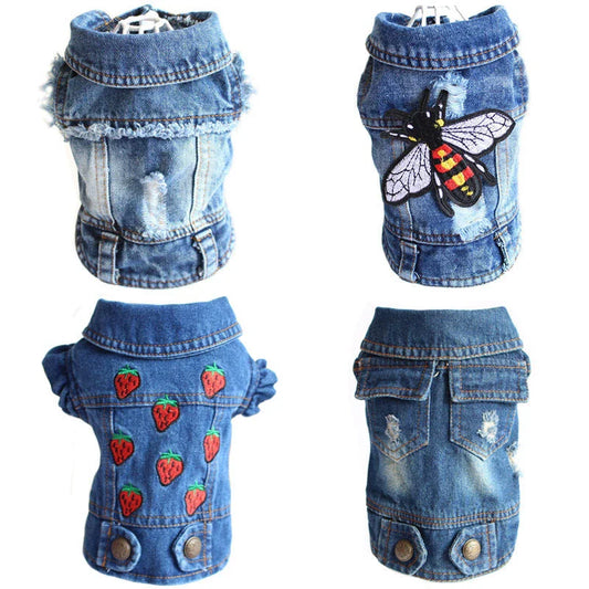 Stylish denim dog jacket with customizable options like hoods, fringes, and patterns for fashionable pet wear