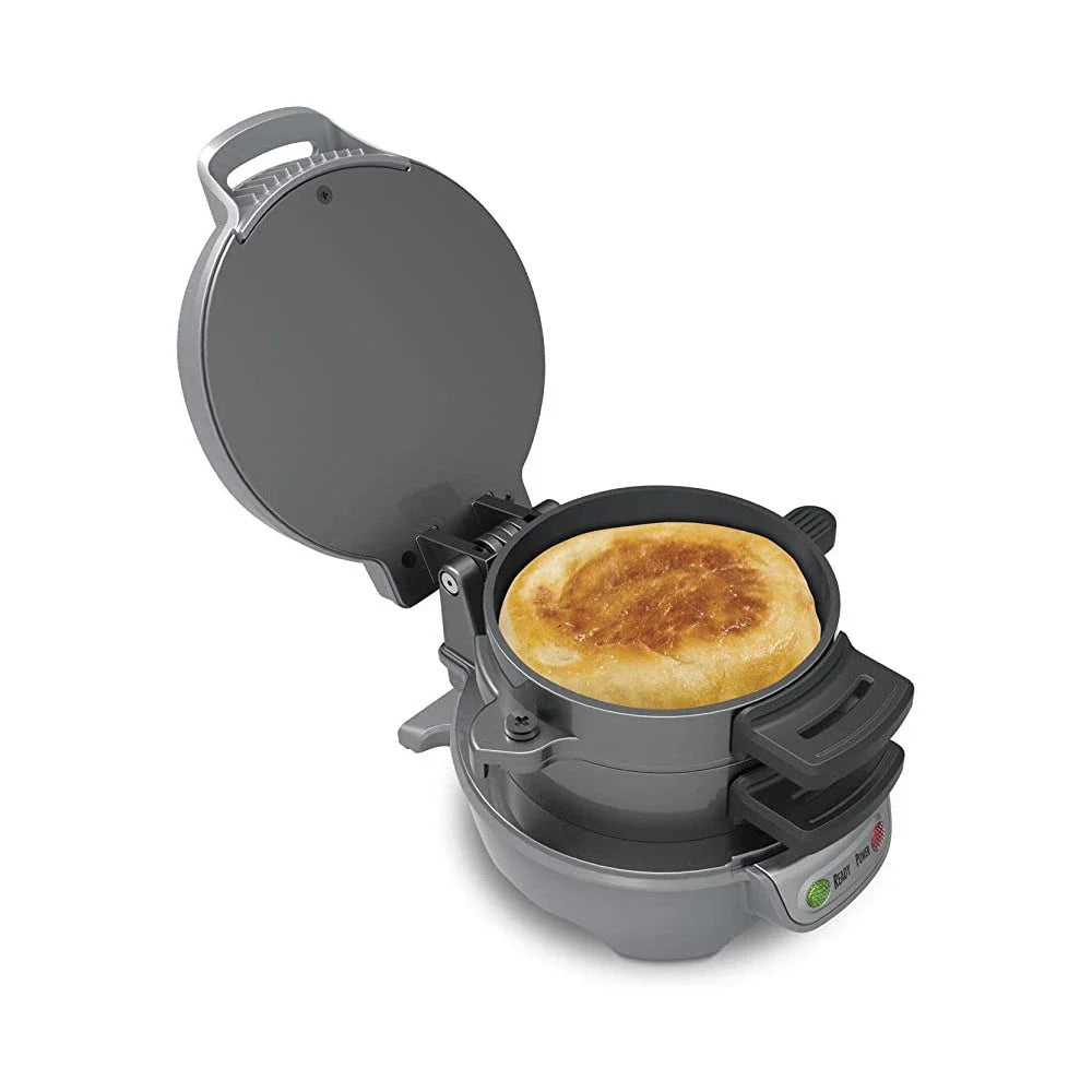 Versatile Breakfast Maker with sandwich, waffle, and egg cooking functions in bright red, orange, and silver gray colors