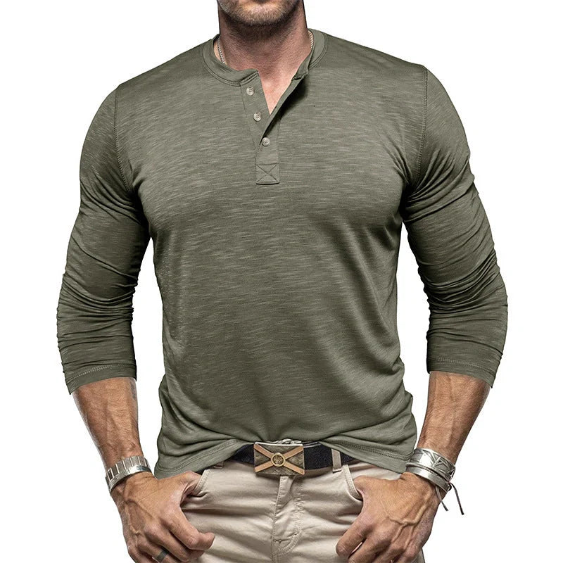 Premium long-sleeve henley shirt for men in a variety of colors and sizes