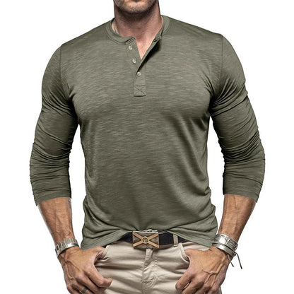 Premium long-sleeve henley shirt for men in a variety of colors and sizes