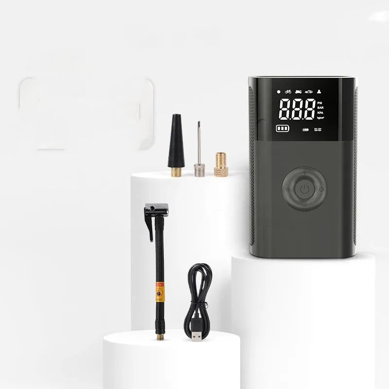 Wireless digital display handheld air pump with LED light and multiple valve adaptors for cars, bicycles and sports equipment