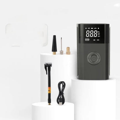 Wireless digital display handheld air pump with LED light and multiple valve adaptors for cars, bicycles and sports equipment