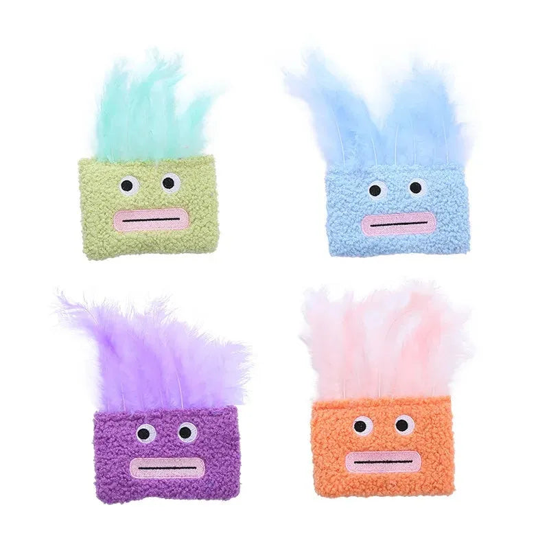 Catnip plush toy with funny explosion head shape and big mouth design in blue, green, orange, or purple colours