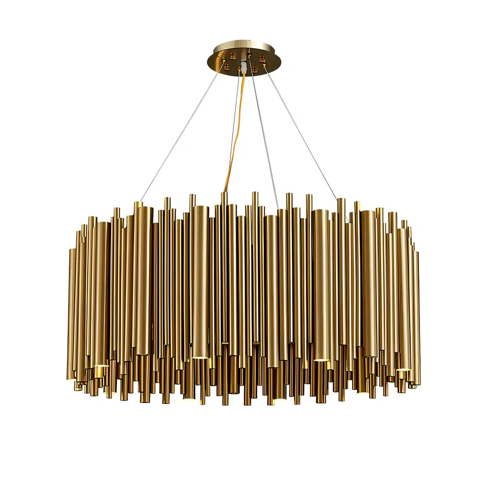 Postmodern iron chandelier with stainless steel construction and multiple G9 LED bulbs in layered configuration