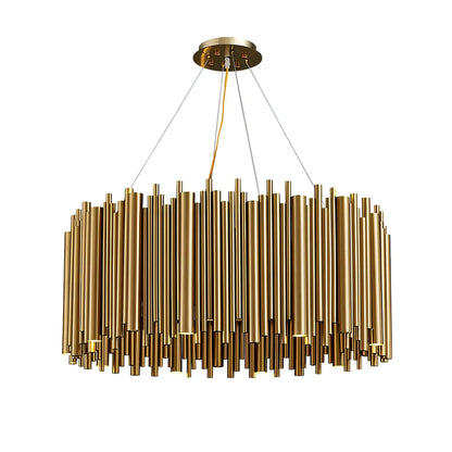 Postmodern iron chandelier with stainless steel construction and multiple G9 LED bulbs in layered configuration