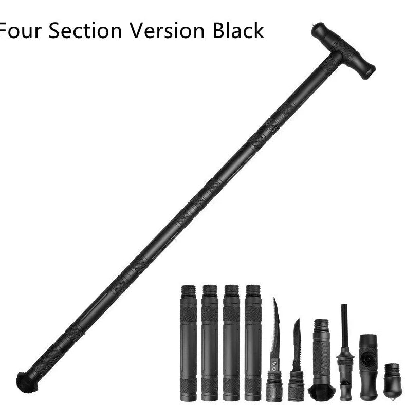 T-shaped telescoping hiking stick with compass, whistle, cutting edge, and glass breaker tip in black or gun grey finish