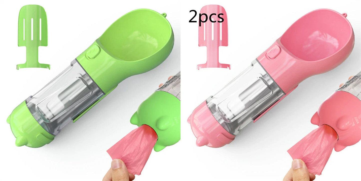 Multi-functional pet water bottle with food bowl and waste bag storage