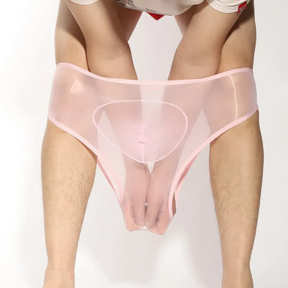 Men's shiny transparent nylon briefs with bullet separation design in multiple colours
