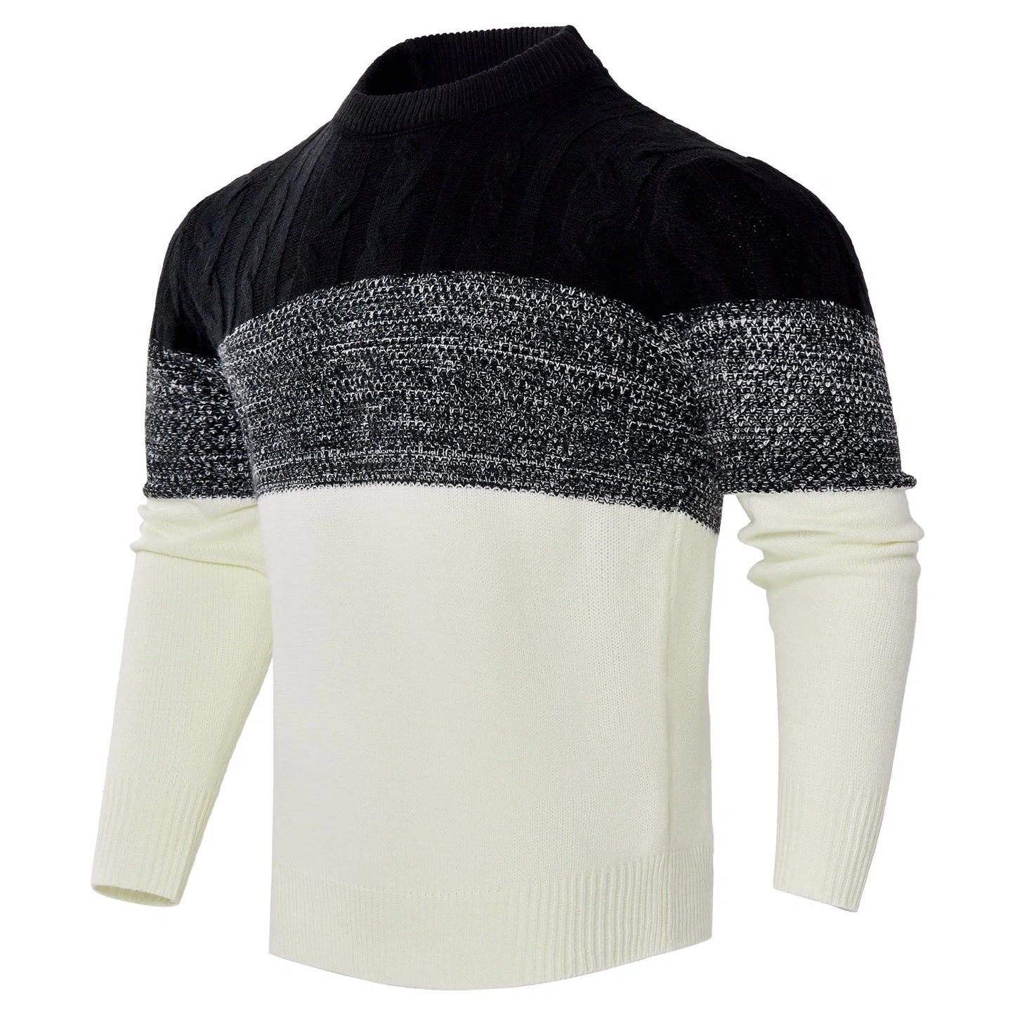 Men's color block cable knit acrylic sweater in black, blue, and brown