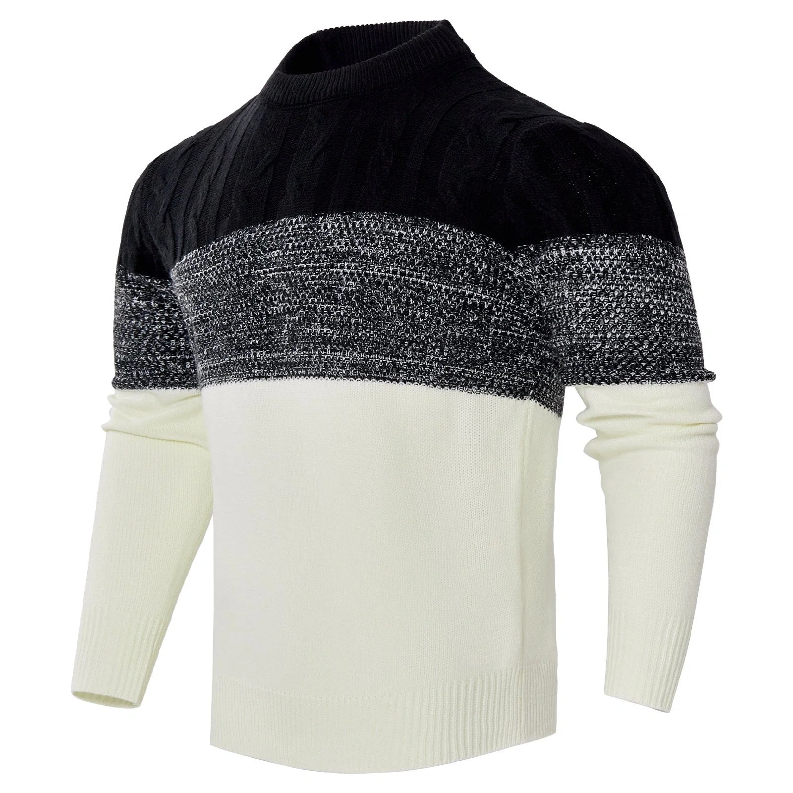 Men's color block cable knit acrylic sweater in black, blue, and brown