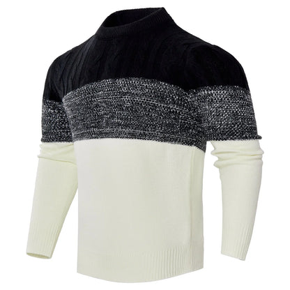 Men's color block cable knit acrylic sweater in black, blue, and brown