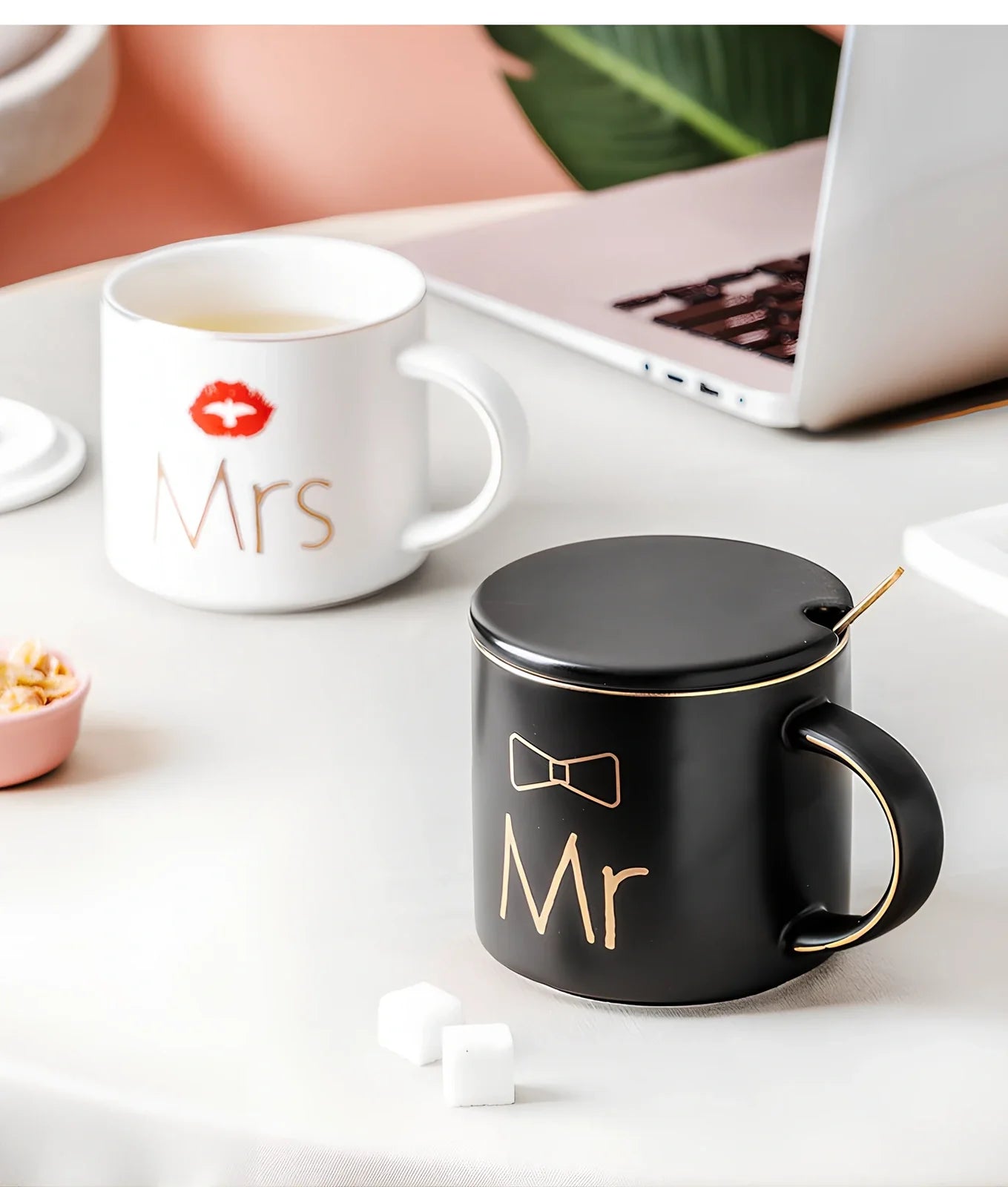 White ceramic mug with matte glaze and high-temperature decal design, matching lid, 450ml capacity