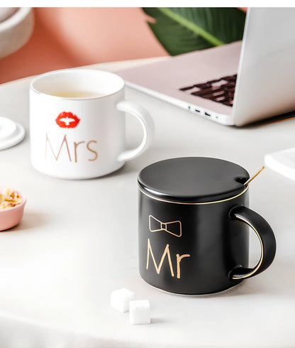 White ceramic mug with matte glaze and high-temperature decal design, matching lid, 450ml capacity