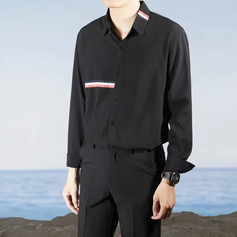 Hong Kong style cotton blend ins loose shirt available in black white light blue sky blue gray green colours S M L XL 2XL 3XL Asian size youth popularity cardigan non-ironing process practical all-matching casual wear