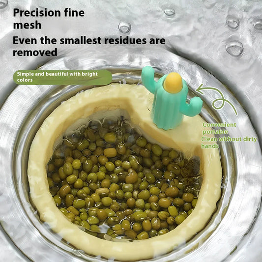 Green cactus-shaped sink filter basket with filter screen for trapping food particles in kitchen drain