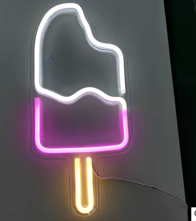 LED neon decorative light with acrylic back panel showing USB power connection and multiple design options