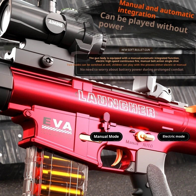 AMT ARP9 red soft bullet gun with vertical grip and red dot sight attached, 63cm length