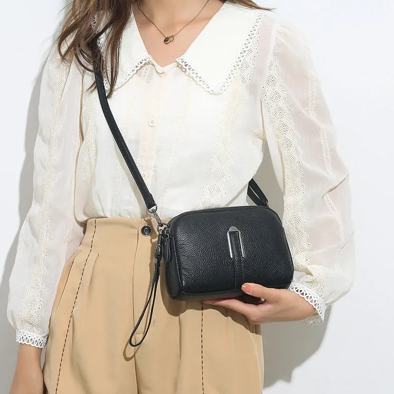 Women's genuine leather shoulder bag horizontal square shape handbag 19x13x6cm size in black navy blue dark green light brown dark khaki colour elegant graceful urban simplicity style ladies fashion accessory
