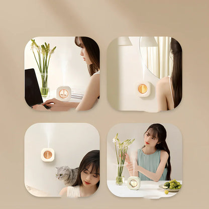 Square ivory white aroma diffuser with dry battery operation measuring 105x105x39mm