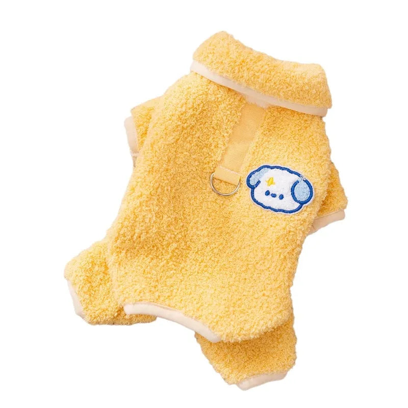 Yellow thick plush dog pyjama one-piece suit with cartoon work-clothes design and lapel collar for puppies and cats