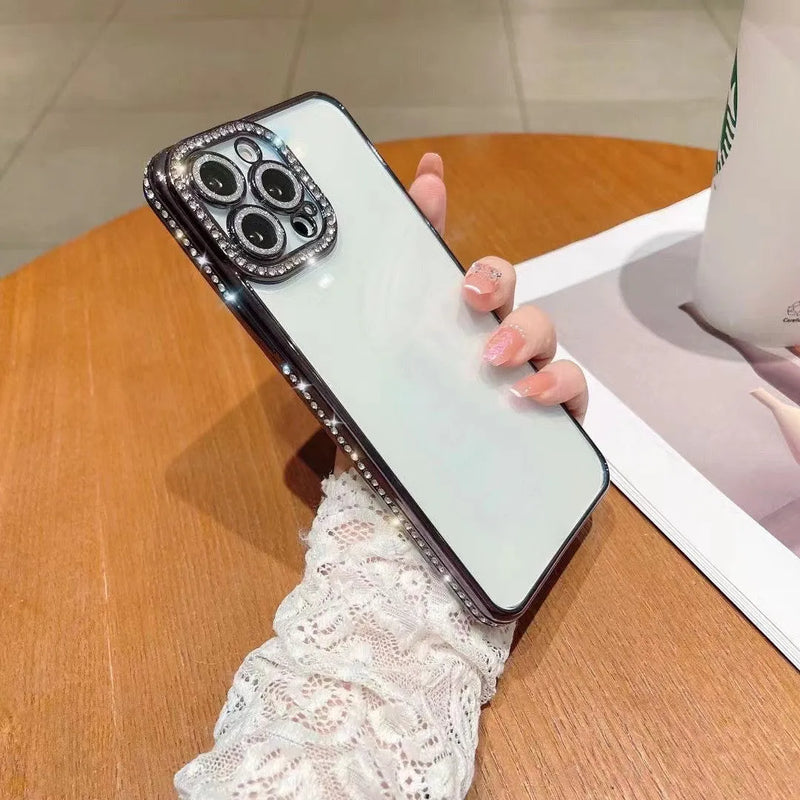 Rhinestone Phone Case for iPhone X XR XS 11 12 13 14 Pro Max TPU Silicone All-Inclusive Glass Back Cover in Blue Purple Rose Gold Silver