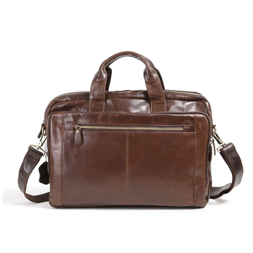 Brown men's leather business briefcase with an 18-inch size and polyester cotton lining.