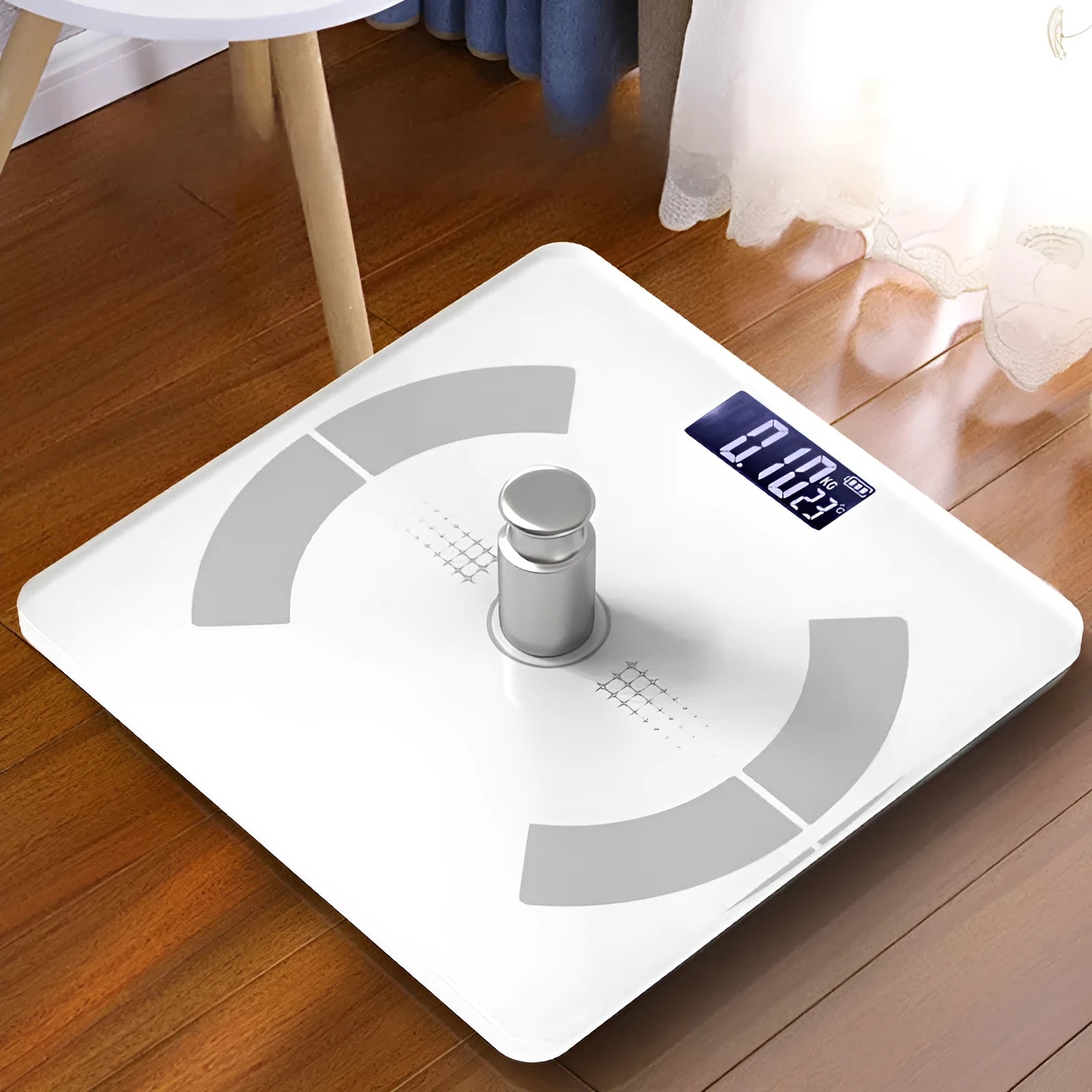White smart Bluetooth body fat scale on bathroom floor, showing tempered glass platform and digital display.