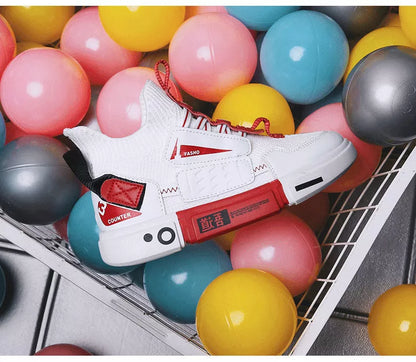 Autumn kids' high-top woven sneakers in white, black, and dark gray