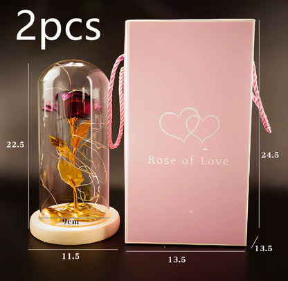 Little Prince rose arrangement under 20x9cm glass dome with gold foil flowers