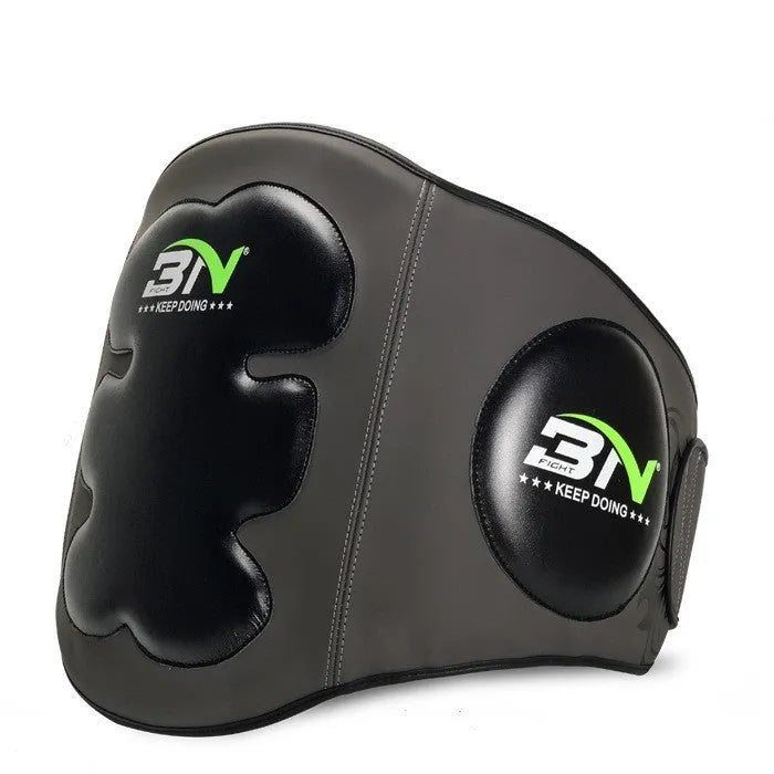 Dark grey Sanda boxing chest protection target with adjustable waist strap for martial arts training.