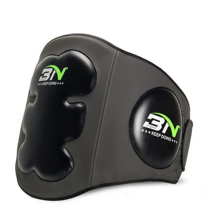 Dark grey Sanda boxing chest protection target with adjustable waist strap for martial arts training.