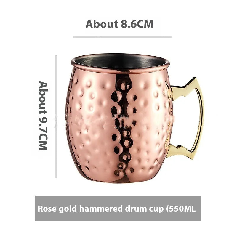 Stainless steel Moscow Mule cup with copper interior in gold, rose gold, silver, or black finish.