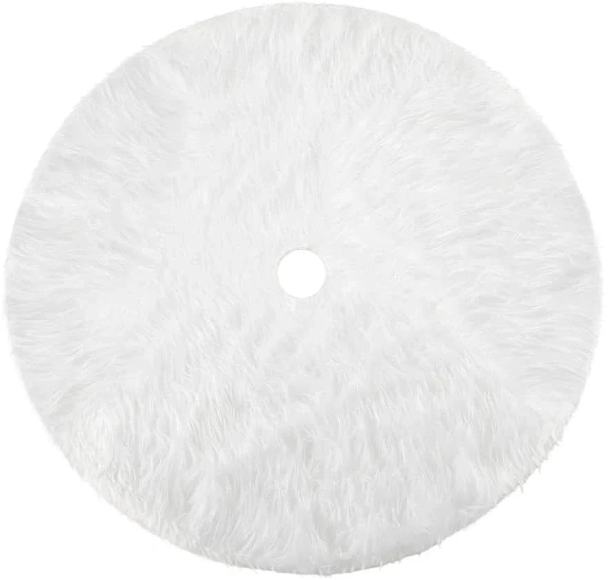 Luxurious plush white Christmas tree skirt with faux fur texture, perfect for holiday decor