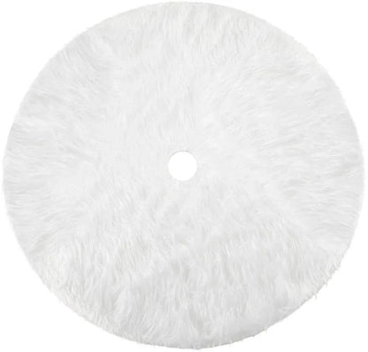 Luxurious plush white Christmas tree skirt with faux fur texture, perfect for holiday decor