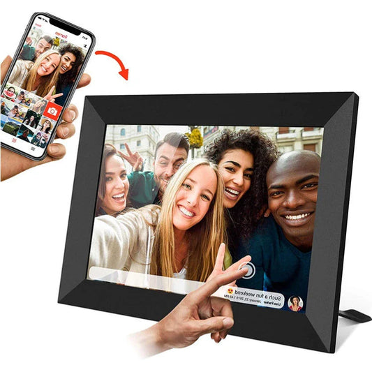 Touchscreen smart WiFi digital photo frame with rotating display, allowing users to easily share and view photos from anywhere.