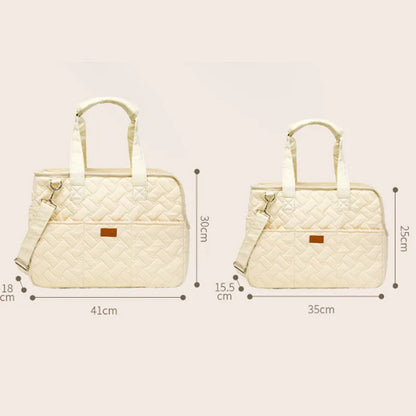 Grey or white cat carrier handbag with breathable mesh panels, safety cord, and multiple pockets for small pets