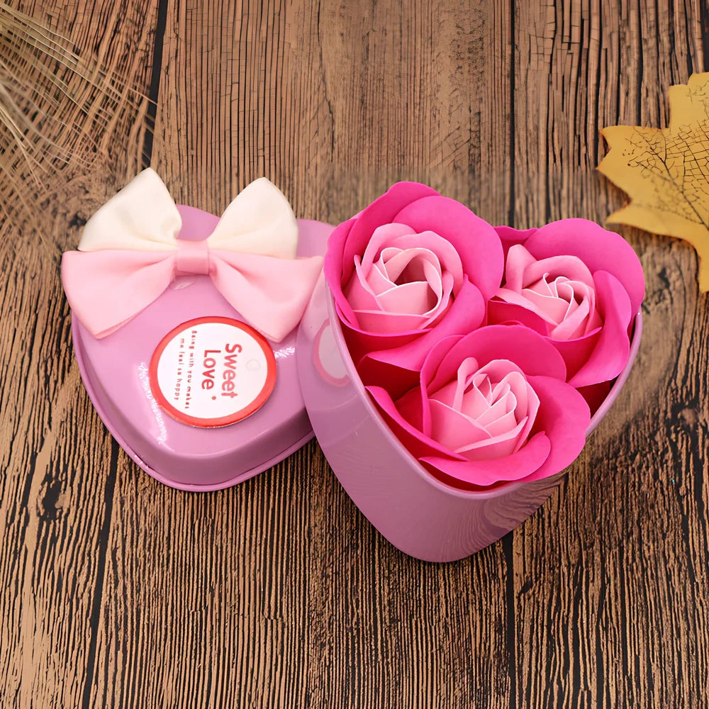 Handmade soap flower gift box in red heart-shaped tin with three blooms and bear, 12x12x5 cm for Valentine's Day