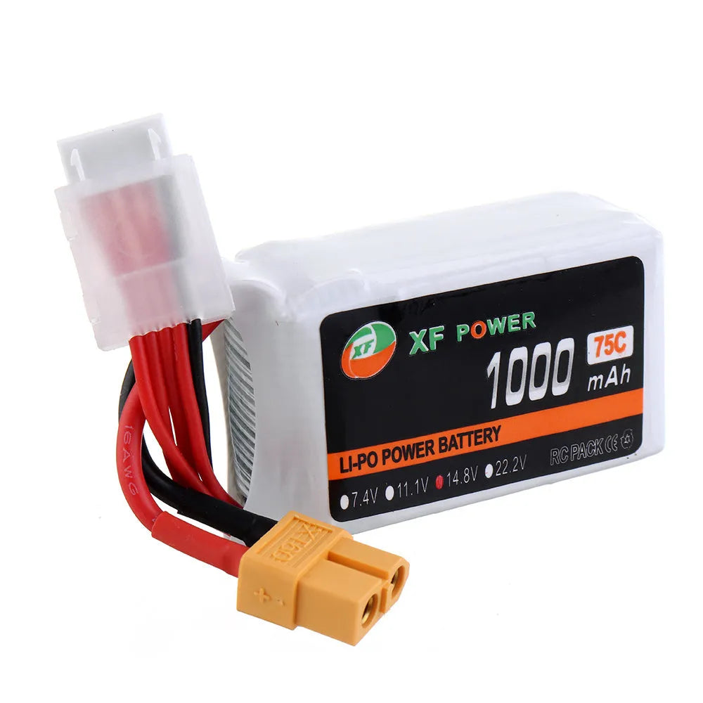 XF Power 14.8V 1000mAh 75C 4S lithium battery with XT60 plug showing 29x34x56mm dimensions