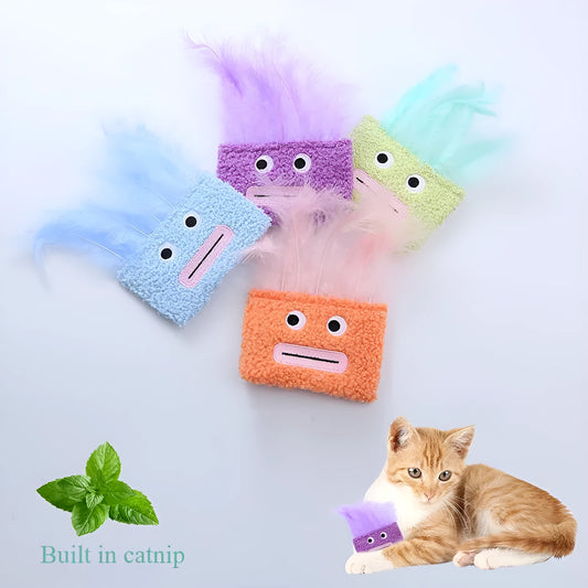 Catnip plush toy with funny explosion head shape and big mouth design in blue, green, orange, or purple colours