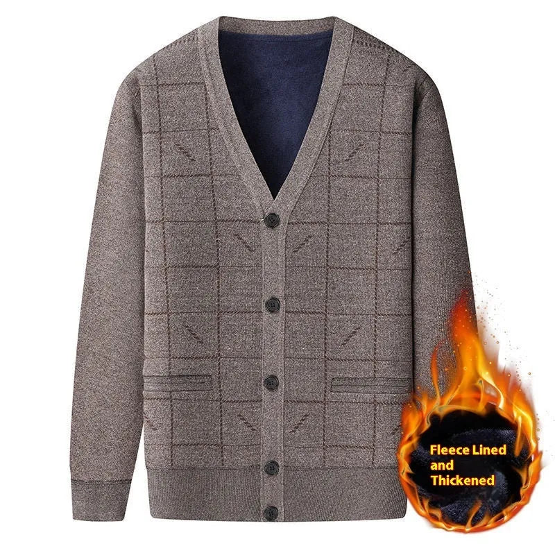 A plus size men's grey cardigan with batwing sleeves and a fleece lining, shown on a hanger.