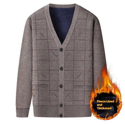 A plus size men's grey cardigan with batwing sleeves and a fleece lining, shown on a hanger.