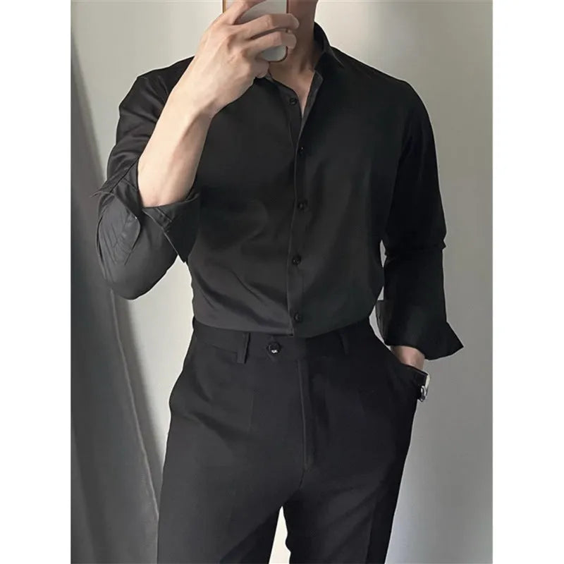 Men's slim fit long sleeve casual shirt in a solid colour, shown in a cardigan style.