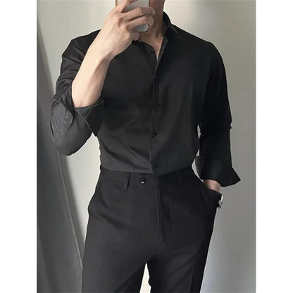 Men's slim fit long sleeve casual shirt in a solid colour, shown in a cardigan style.