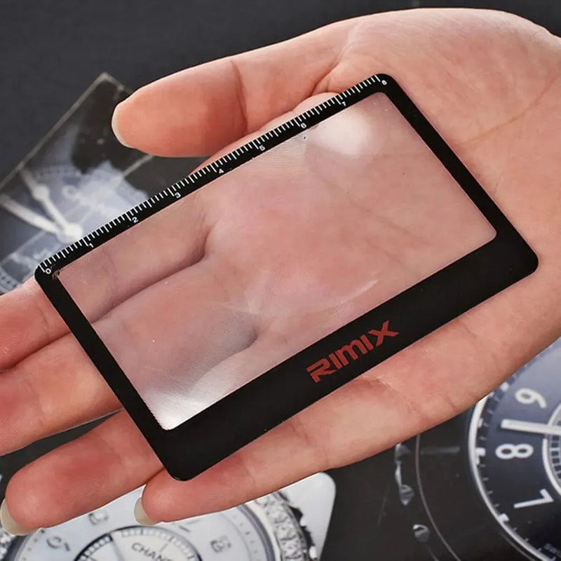 Portable card magnifier reading glasses in black or white, compact plastic foldable magnifier for outdoor reading, fire safety information, HD viewing, and convenient pocket storage